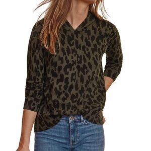 J. Jill Olive Green & Black Leopard Print Soft Cotton Blend Knit Pullover Hoodie